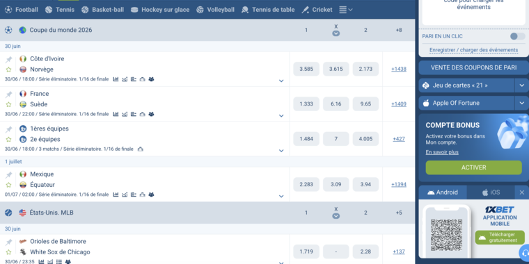 1xBet Cameroun, paris en direct (live)