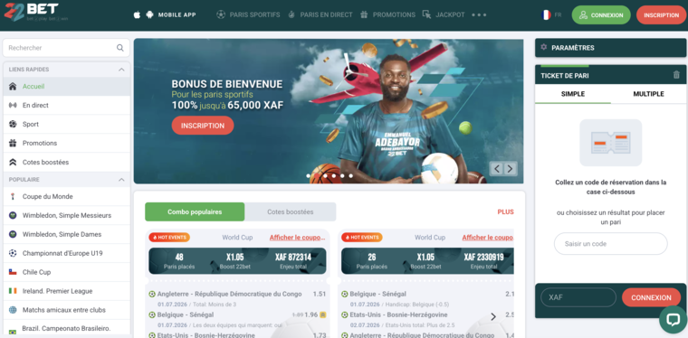 22bet Cameroun, page d'accueil paris sportifs